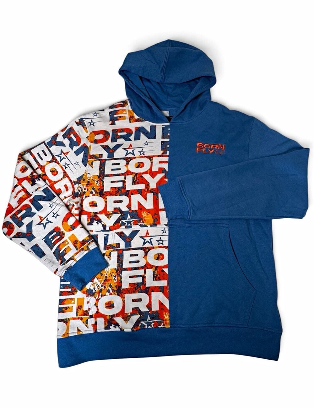 Born Fly Mens XL Blue Pullover Hoodie Graphic Print Colorblock Embroidered